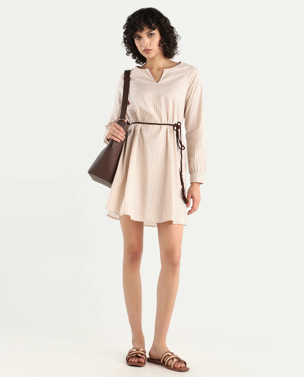 Rareism Women's Margaret Beige V-Neck Striped Mini A-Line Dress