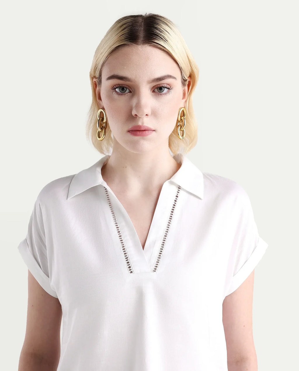 Rareism Women's Marlin White Cotton Jonny Collar Boxy Fit Top