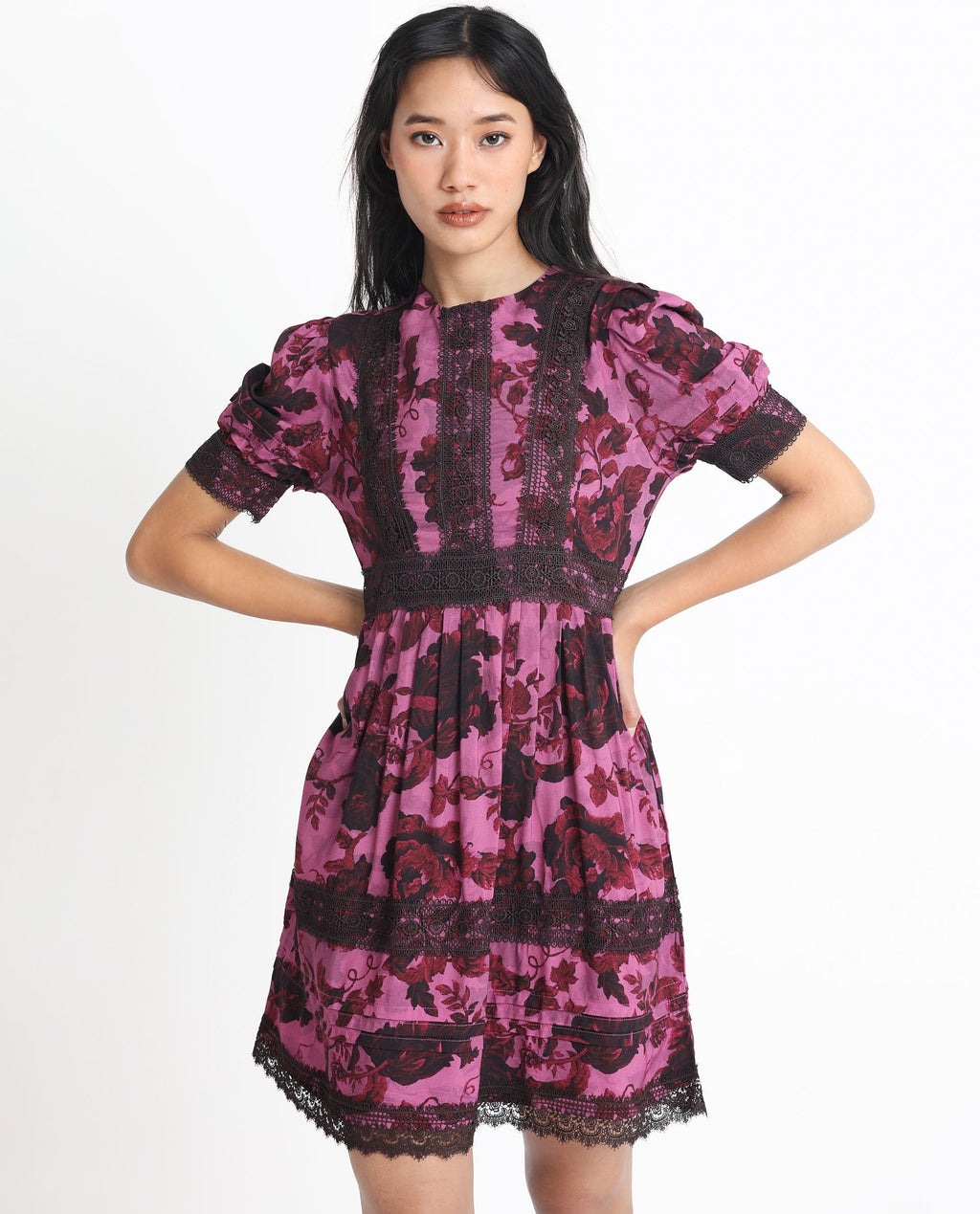 Rareism Women's Marte Maroon Viscose Crew Neck Floral Print Mini Regular Fit Dress