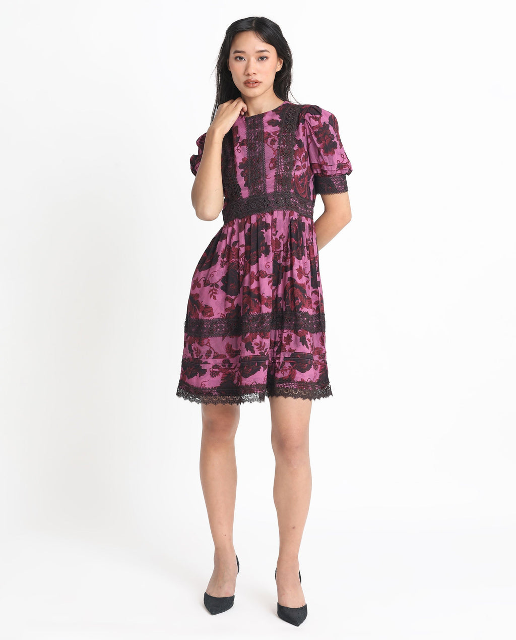Rareism Women's Marte Maroon Viscose Crew Neck Floral Print Mini Regular Fit Dress