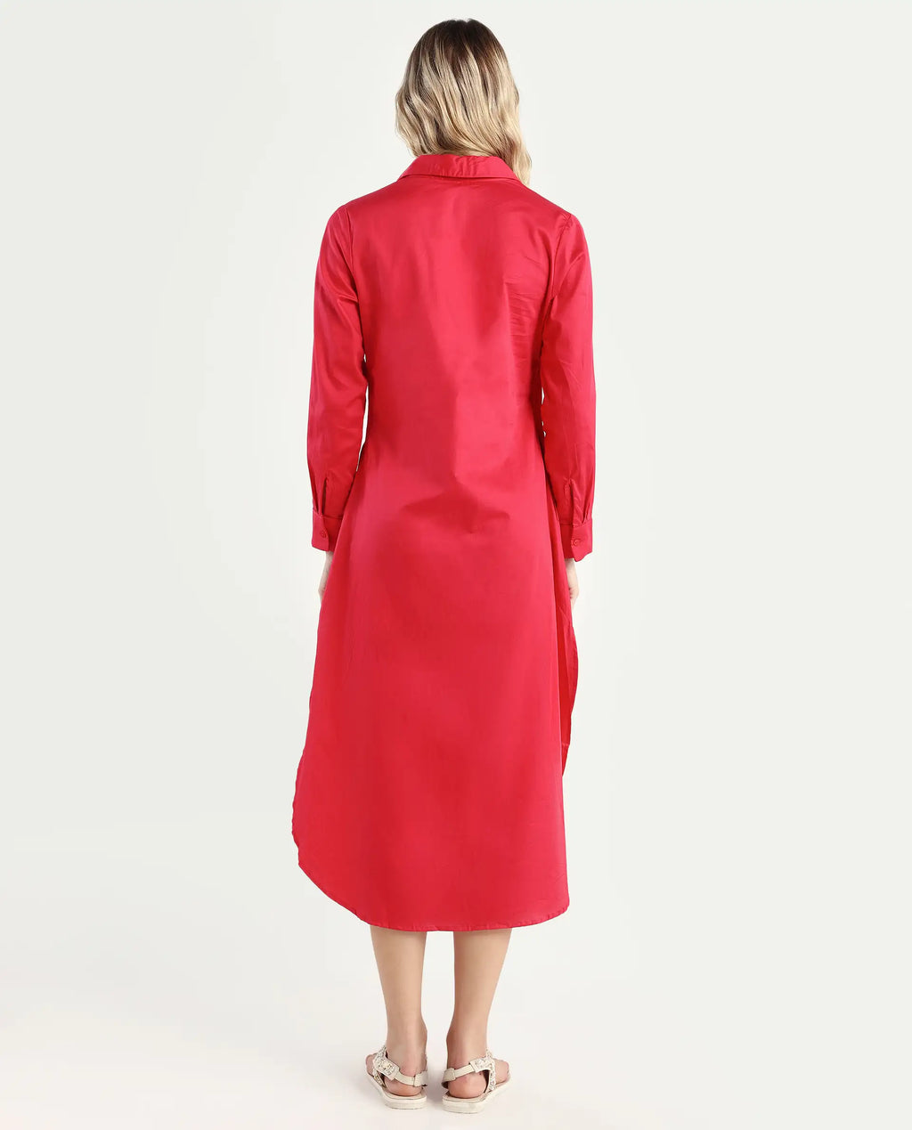 Rareism Women's Marunara Red Cotton Blend Johnny Collar Plain Cuffed Sleeve Midi Relaxed Fit Dress