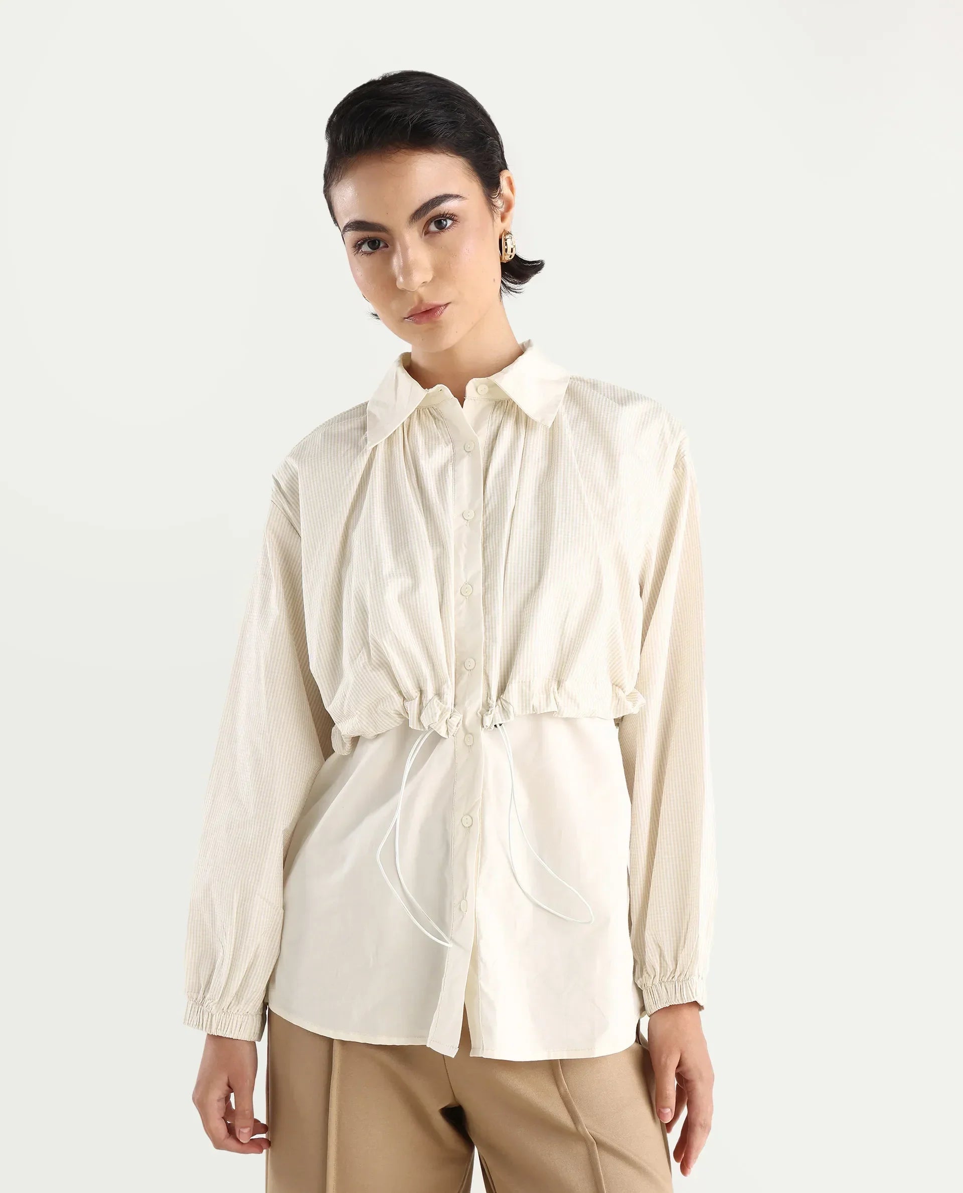 Rareism Women's Mash Beige Cotton Blend Drop Collar Checked Cuffed Sleeve Relaxed Fit Top