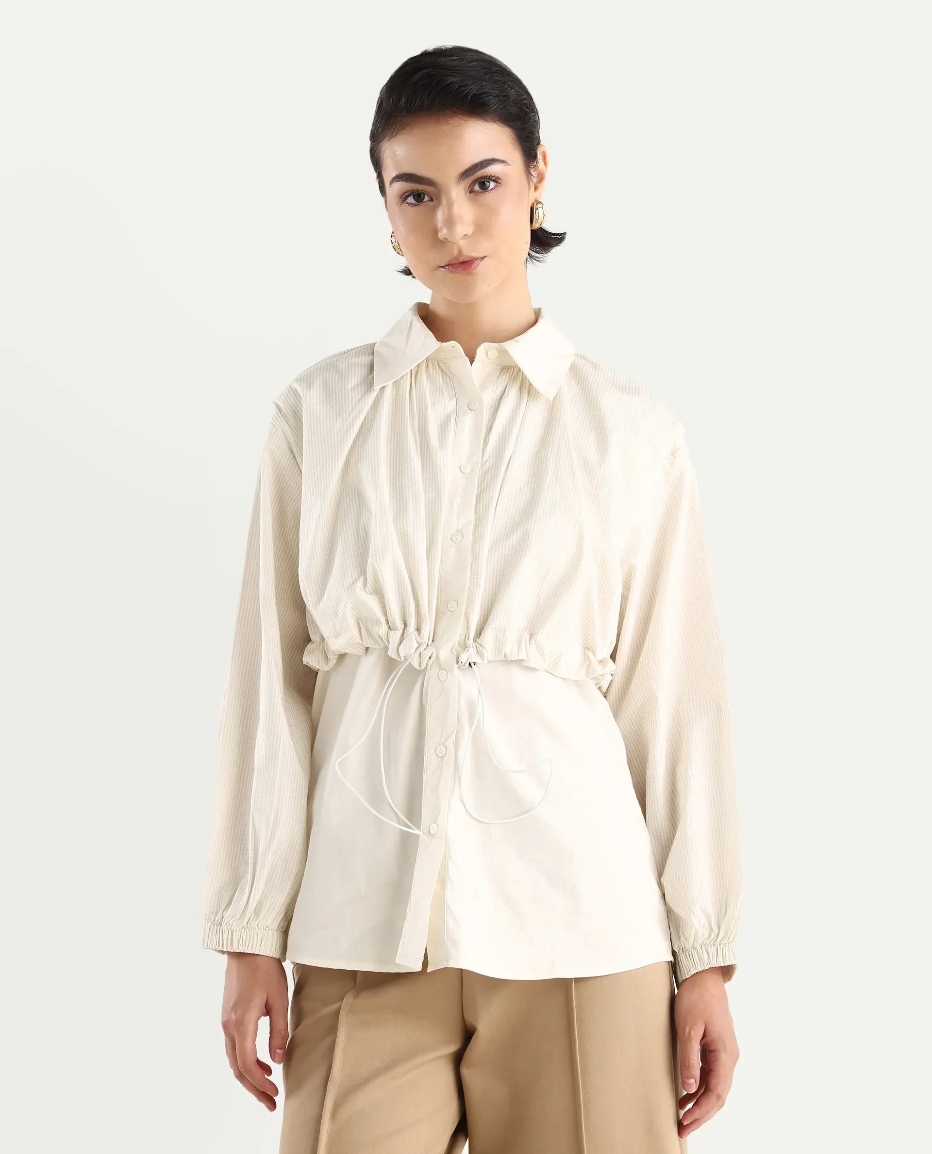 Rareism Women's Mash Beige Cotton Blend Drop Collar Checked Cuffed Sleeve Relaxed Fit Top