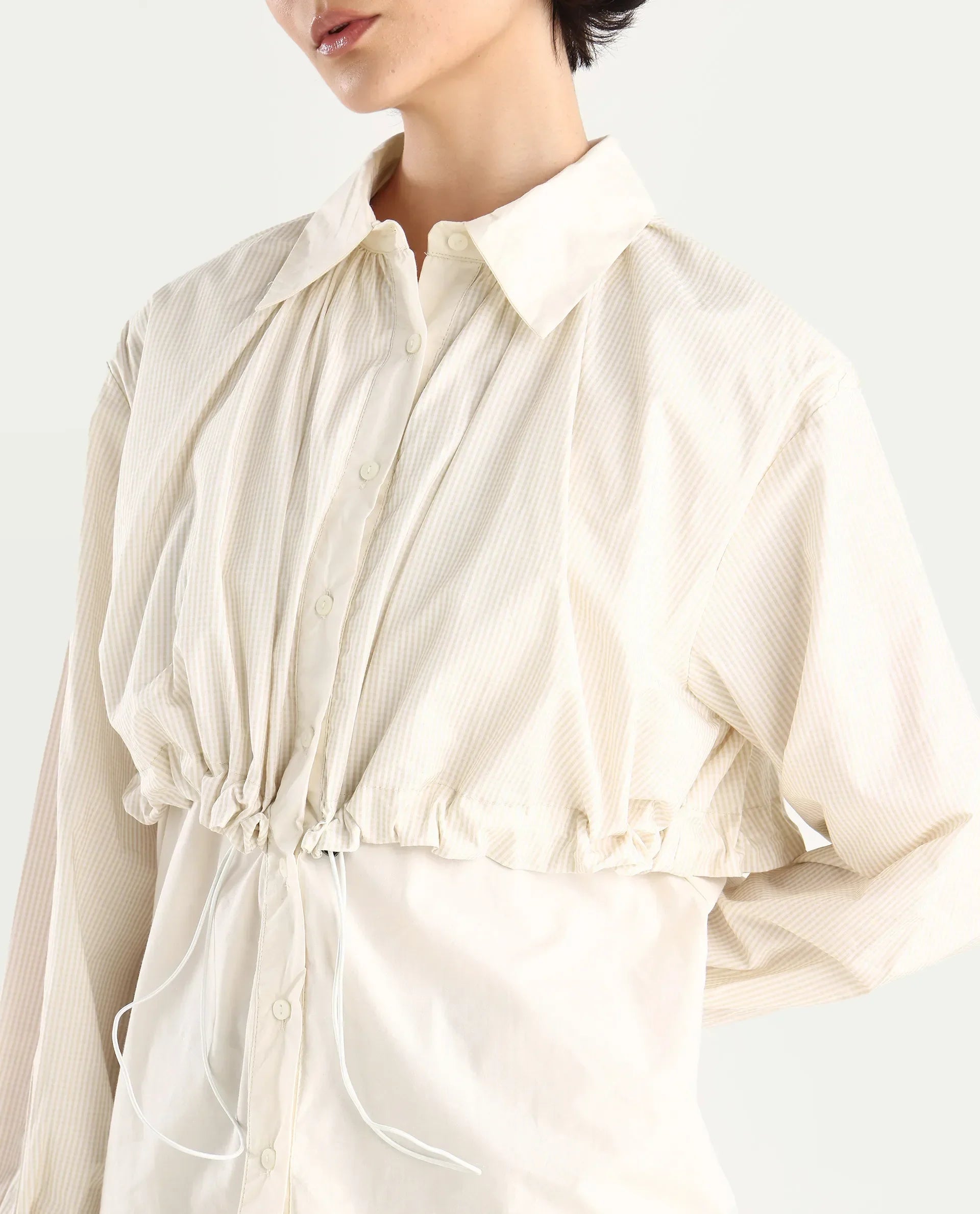 Rareism Women's Mash Beige Cotton Blend Drop Collar Checked Cuffed Sleeve Relaxed Fit Top