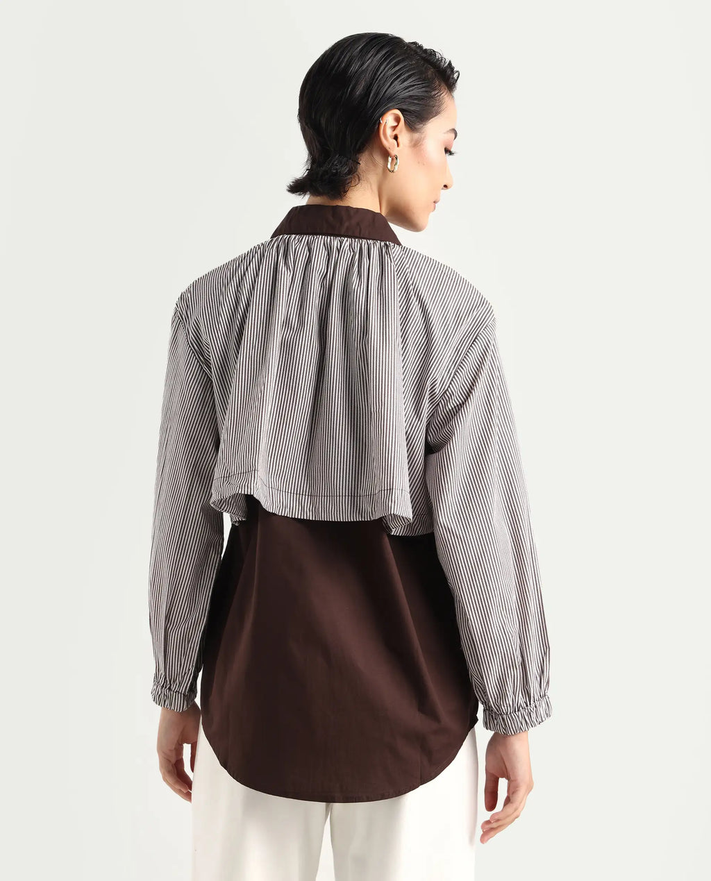 Rareism Women's Masher Brown Cotton Blend Drop Collar Plain Cuffed Sleeve Relaxed Fit Top