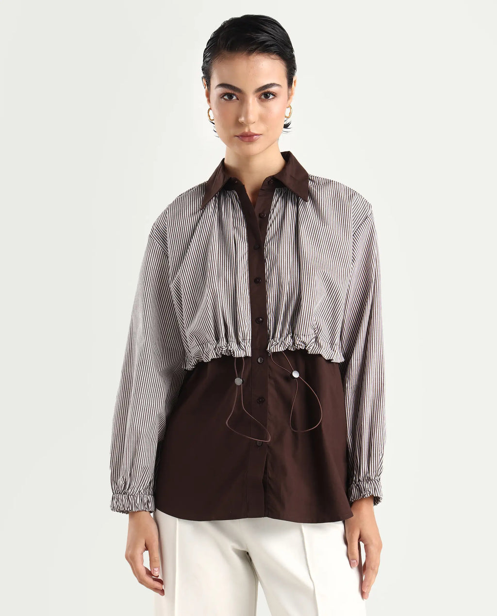 Rareism Women's Masher Brown Cotton Blend Drop Collar Plain Cuffed Sleeve Relaxed Fit Top