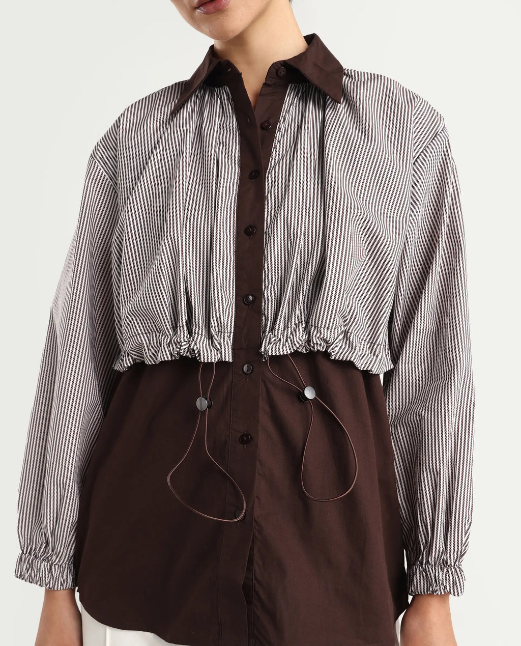 Rareism Women's Masher Brown Cotton Blend Drop Collar Plain Cuffed Sleeve Relaxed Fit Top