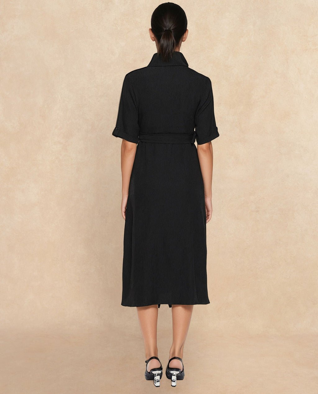 Rareism Women's Maso Black Polyester Lapel Neck Plain Midi A-Line Dress