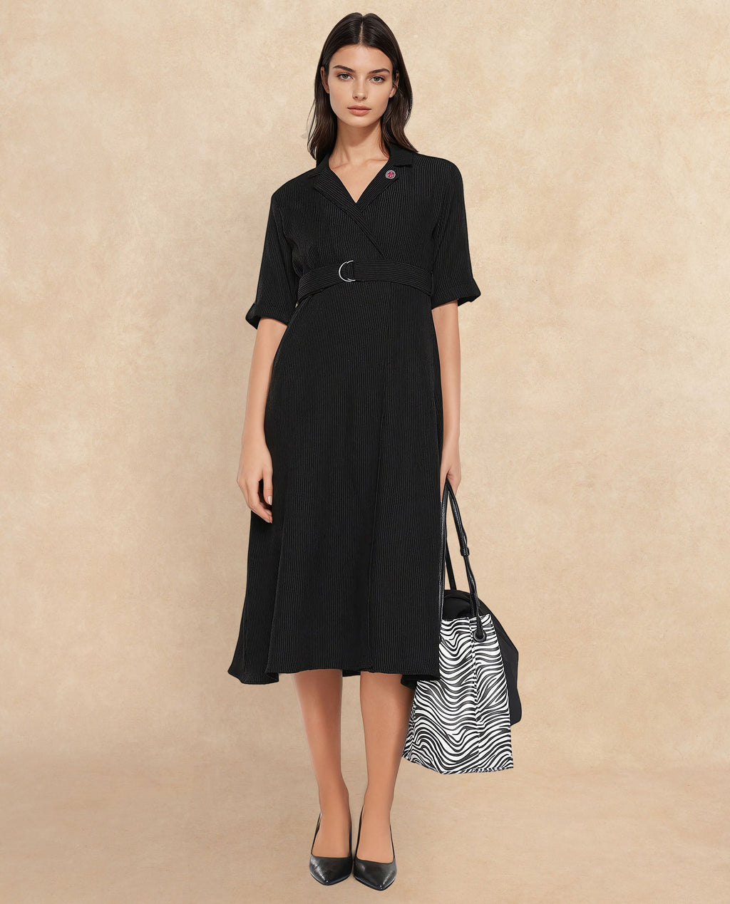 Rareism Women's Maso Black Polyester Lapel Neck Plain Midi A-Line Dress