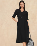 Rareism Women's Maso Black Polyester Lapel Neck Plain Midi A-Line Dress
