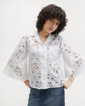 Rareism Women's Matcha White Schiffli Drop Collar Plain Regular Fit Top