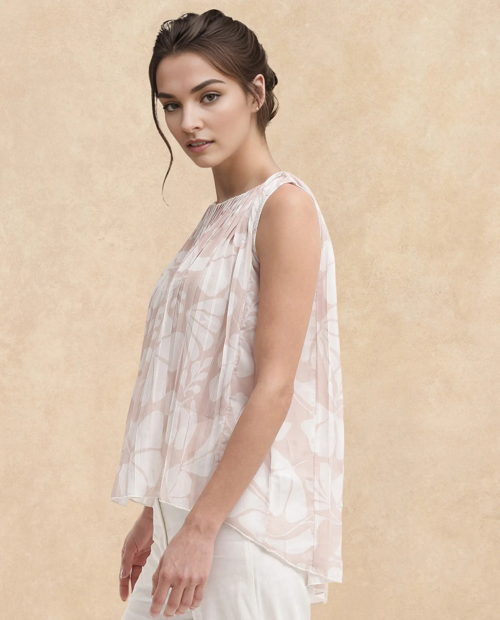 Rareism Women's Matera Light Beige Polyester Crew Neck Abstract Print Sleeveless Relaxed Fit Top