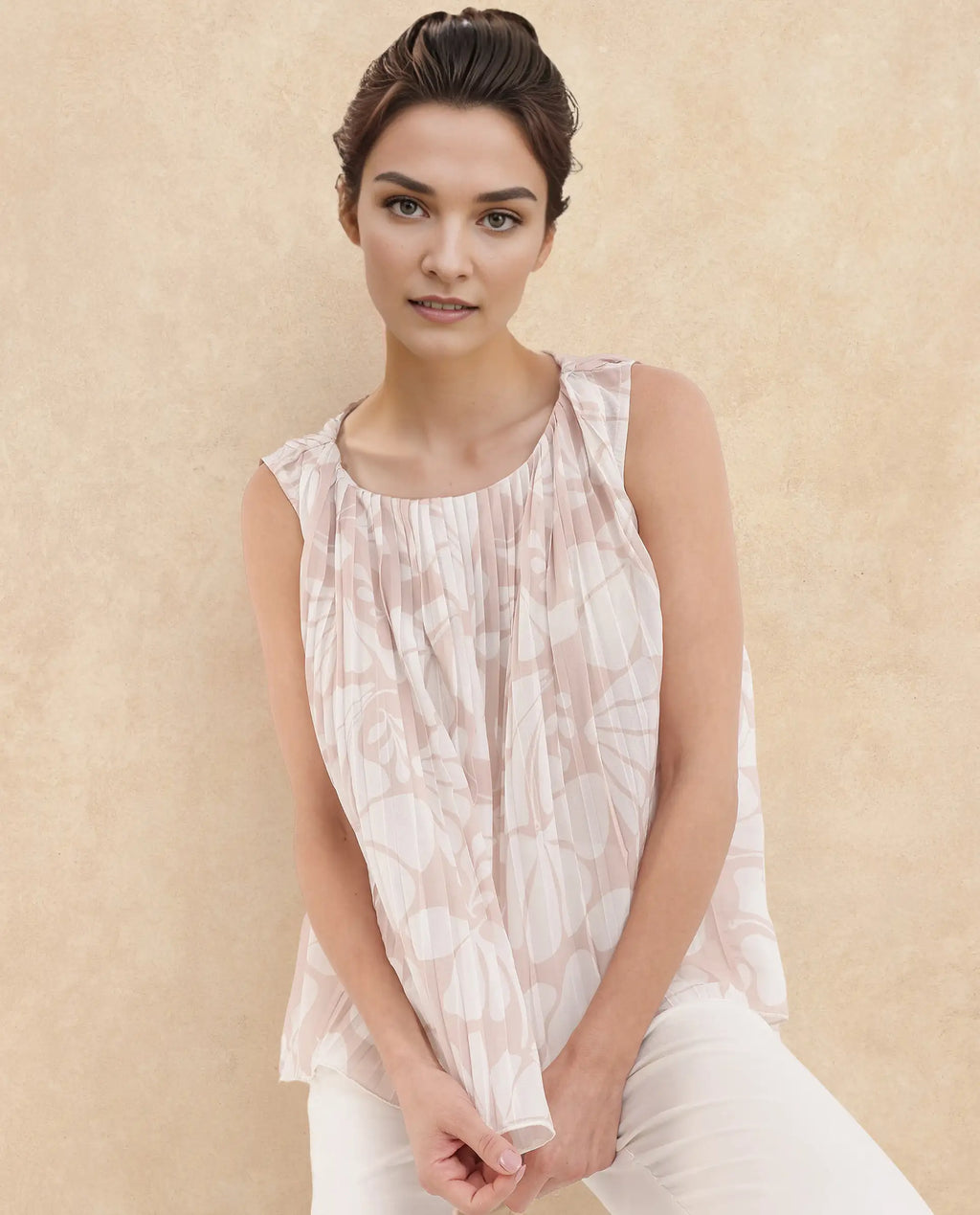 Rareism Women's Matera Light Beige Polyester Crew Neck Abstract Print Sleeveless Relaxed Fit Top