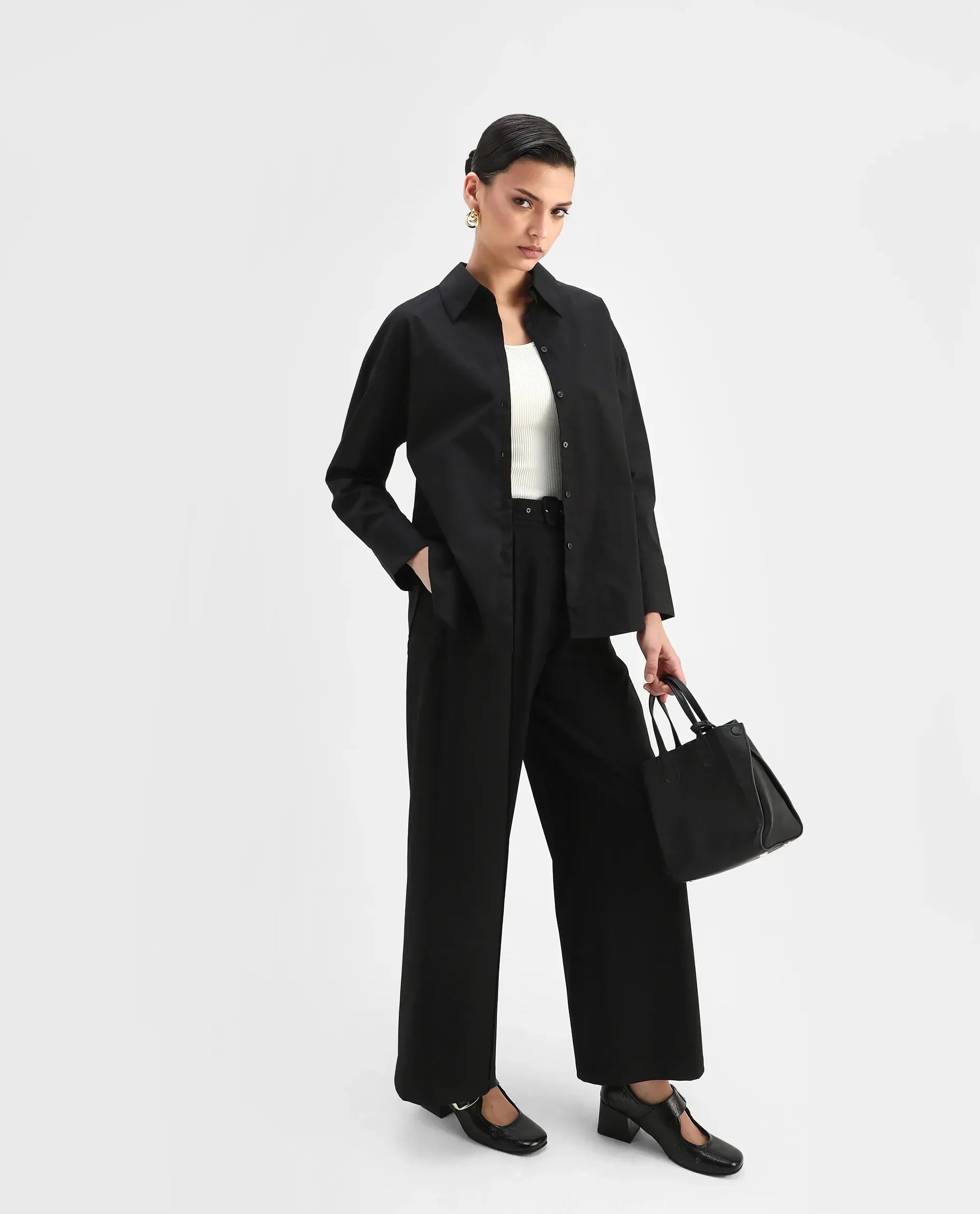 Rareism Women's Matsue Black Drop Collar Plain Cuffed Sleeve Boxy Fit Shirt