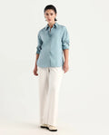 Rareism Women's Matsue Light Blue Drop Collar Plain Cuffed Sleeve Boxy Fit Shirt