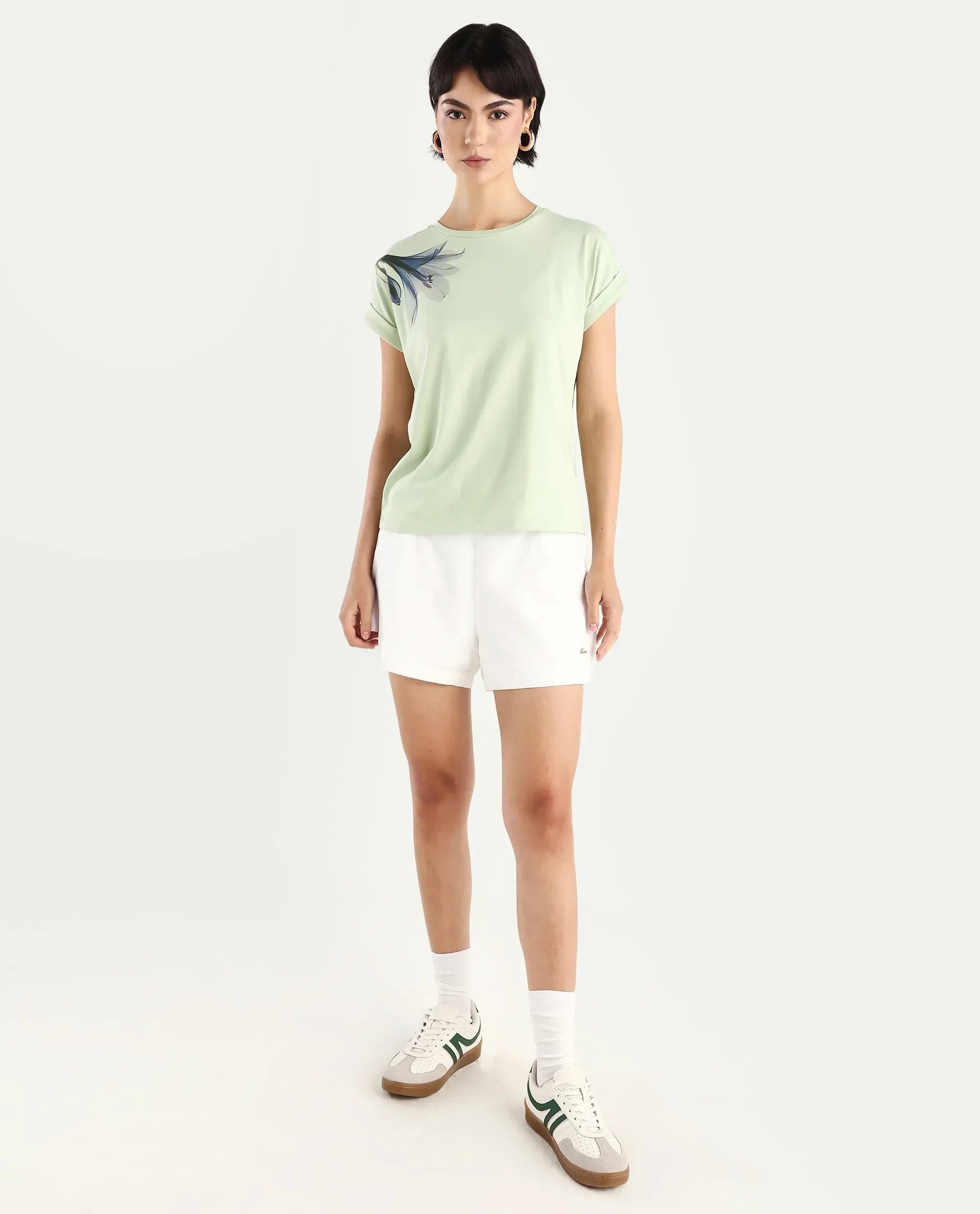 Rareism Women's Mattadu Pastel Green Cotton Blend Crew Neck Graphic Print Extended Sleeves Regular Fit T-Shirt