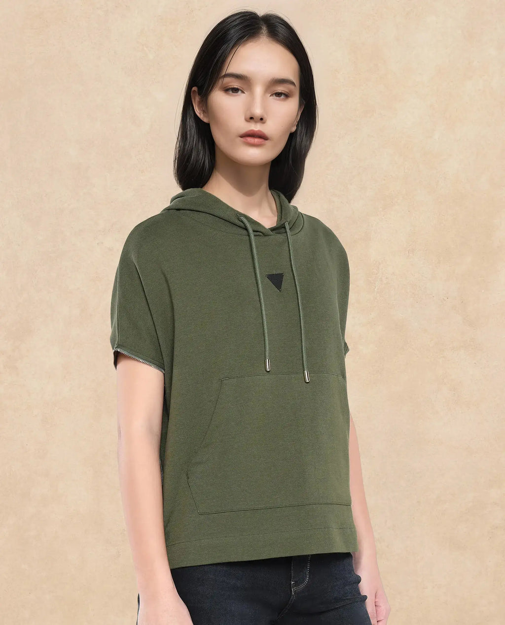Rareism Women's Matthew Olive Cotton Blend Hooded Plain Extended Sleeves Relaxed Fit Sweatshirt