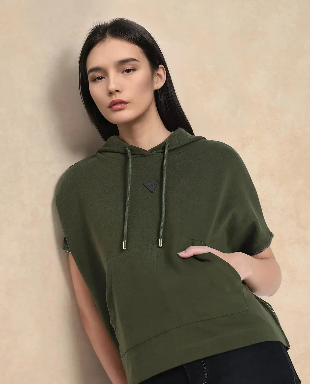 Rareism Women's Matthew Olive Cotton Blend Hooded Plain Extended Sleeves Relaxed Fit Sweatshirt