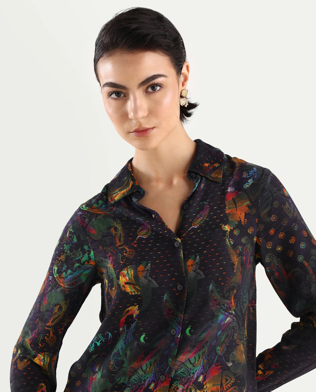 Rareism Women's Mausi Multi Rayon Drop Collar Paisley Print Cuffed Sleeve Regular Fit Shirt