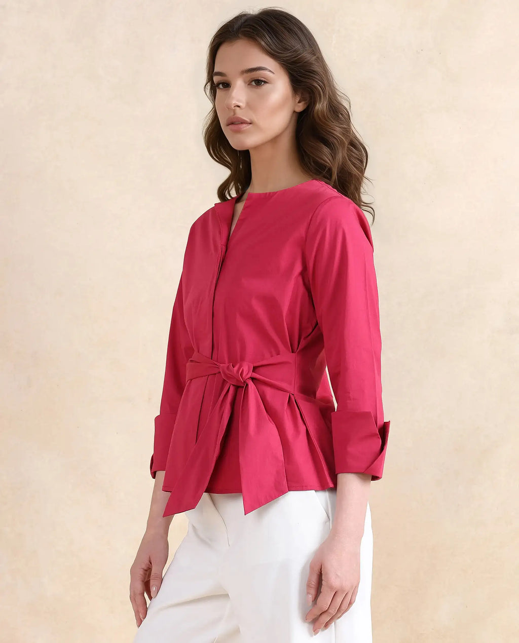 Rareism Women's Medui Dark Pink Cotton Blend Built-Up Neck Plain Regular Fit Top