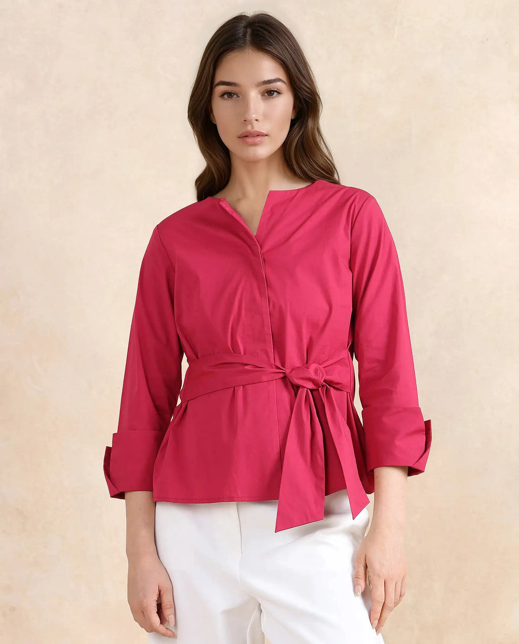 Rareism Women's Medui Dark Pink Cotton Blend Built-Up Neck Plain Regular Fit Top