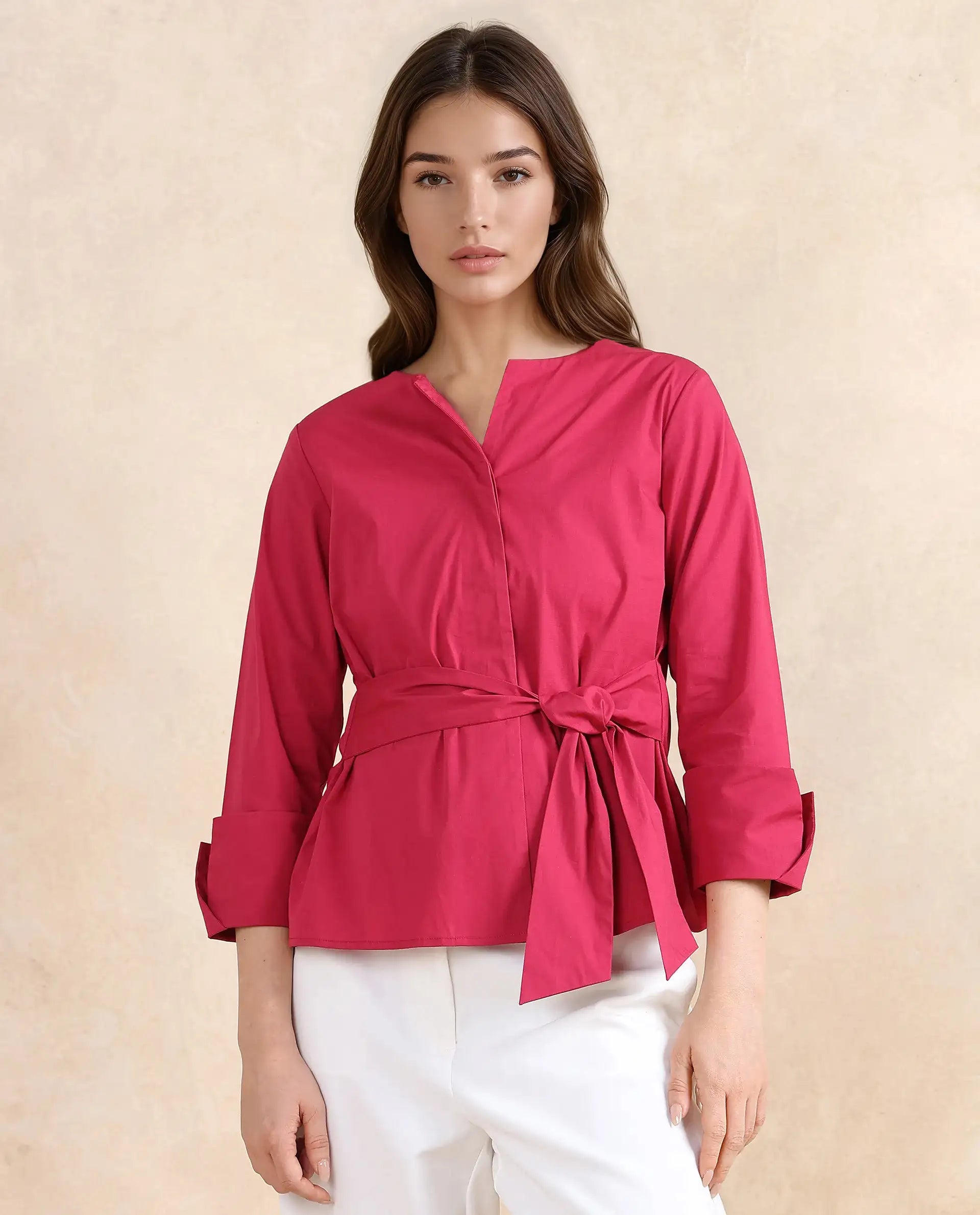Rareism Women's Medui Dark Pink Cotton Blend Built-Up Neck Plain Regular Fit Top