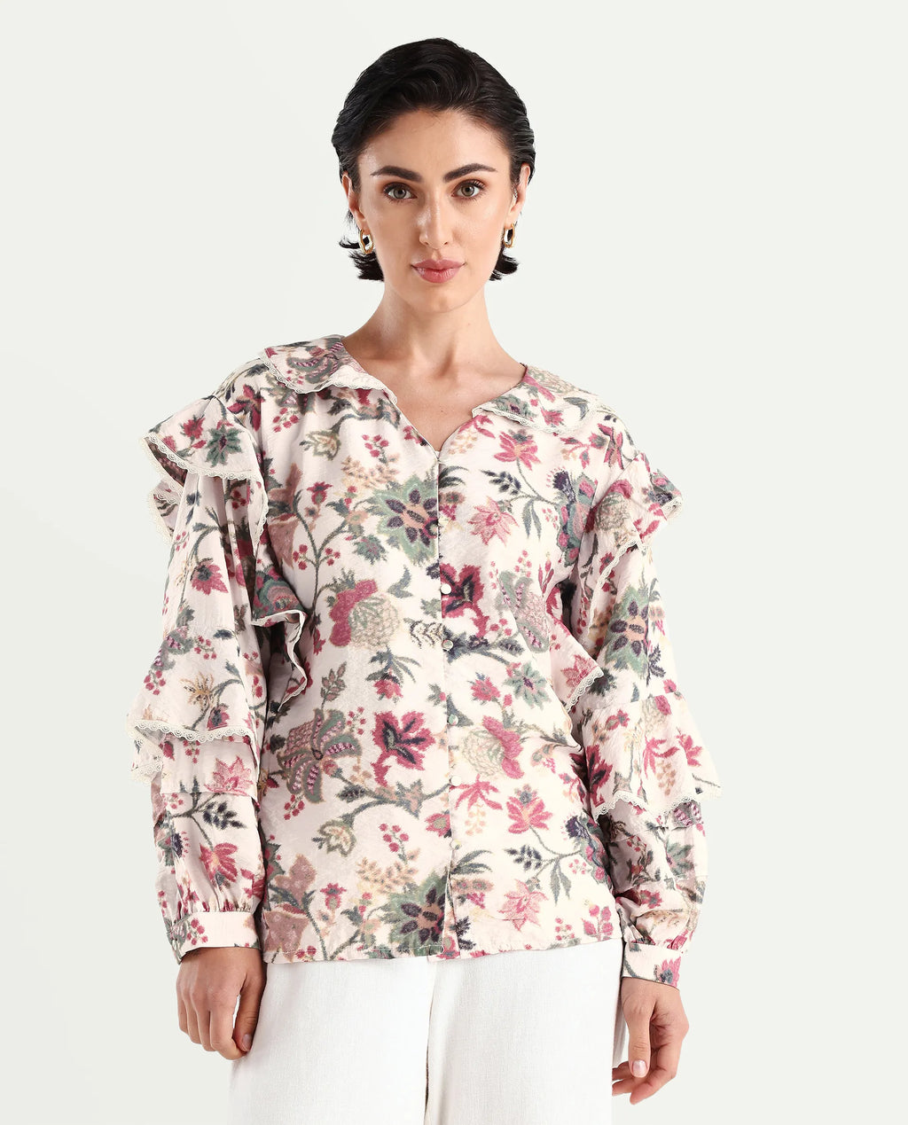Rareism Women's Mei-T Multi Nylon Blend Peter Pan Collar Floral Print Bishop Sleeve Regular Fit Shirt
