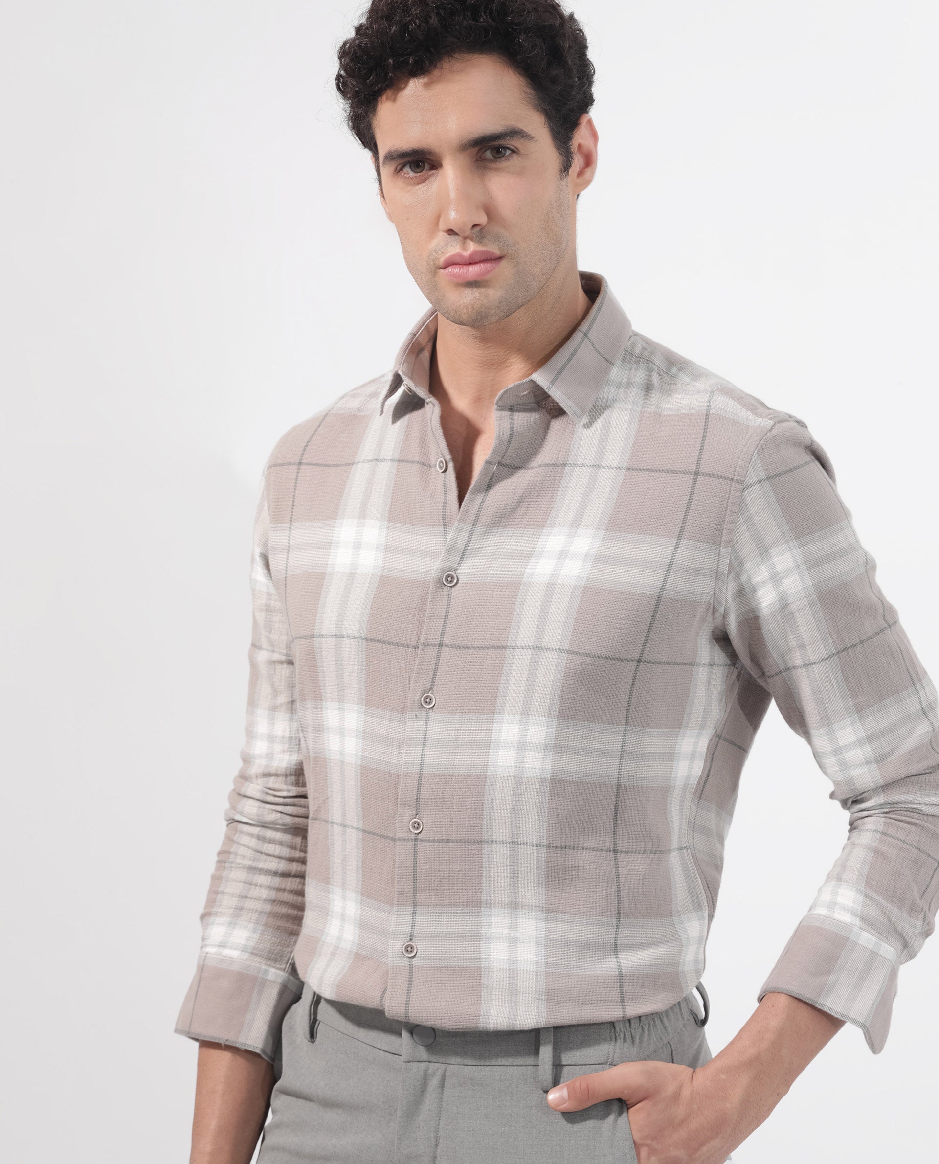 Rare Rabbit Men's Melfi Light Brown Cotton Checked Print Regular Fit Full Sleeve Collared Shirt