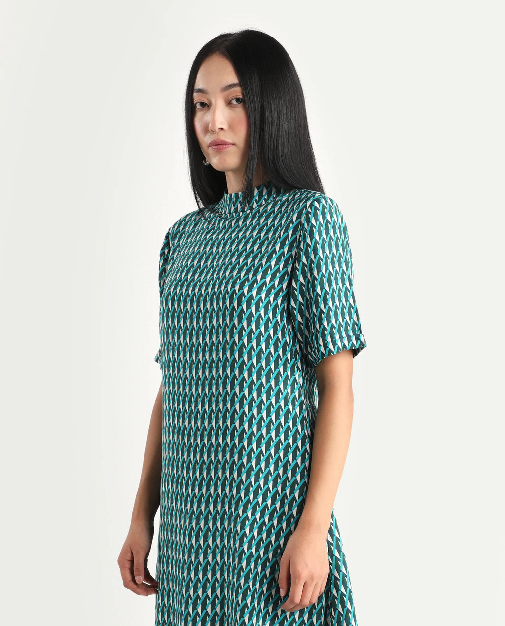 Rareism Women's Mello Blue Viscose High Neck Geometric Print Knee Length Regular Fit Dress
