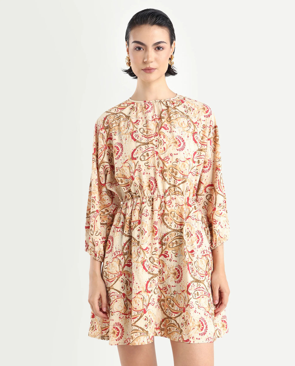 Rareism Women's Mellona Multi Polyester Round Neck Paisley Print Mini Fit And Flare Dress