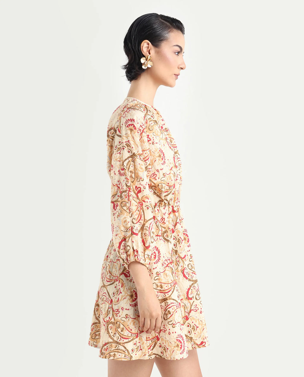 Rareism Women's Mellona Multi Polyester Round Neck Paisley Print Mini Fit And Flare Dress