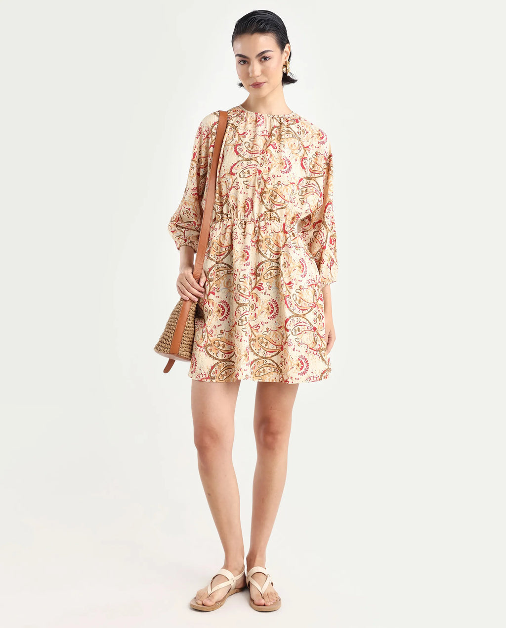 Rareism Women's Mellona Multi Polyester Round Neck Paisley Print Mini Fit And Flare Dress