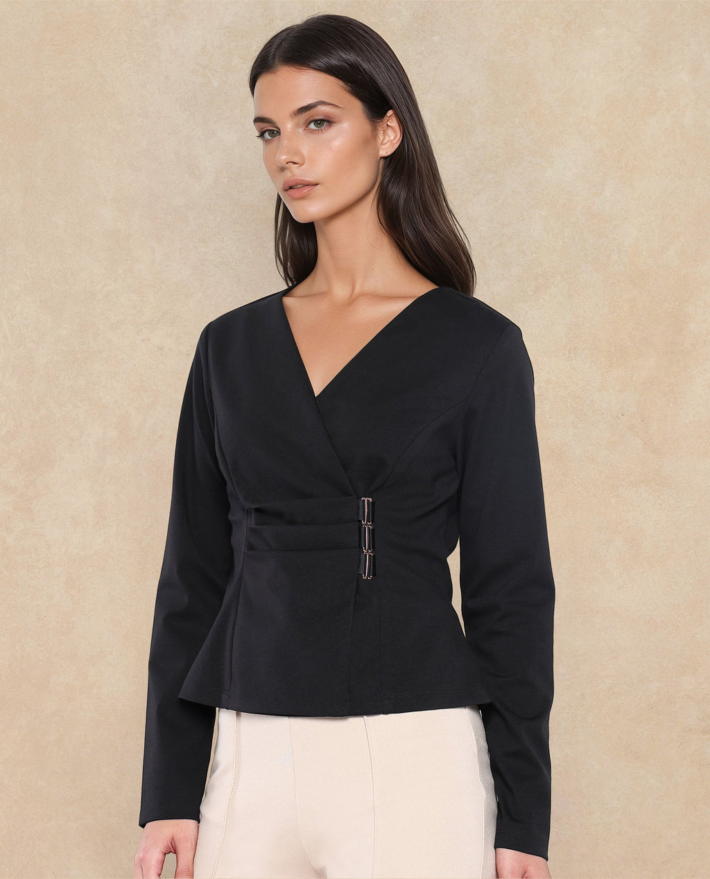 Rareism Women's Mellow Black Polyester Blend V-Neck Plain Regular Fit Top