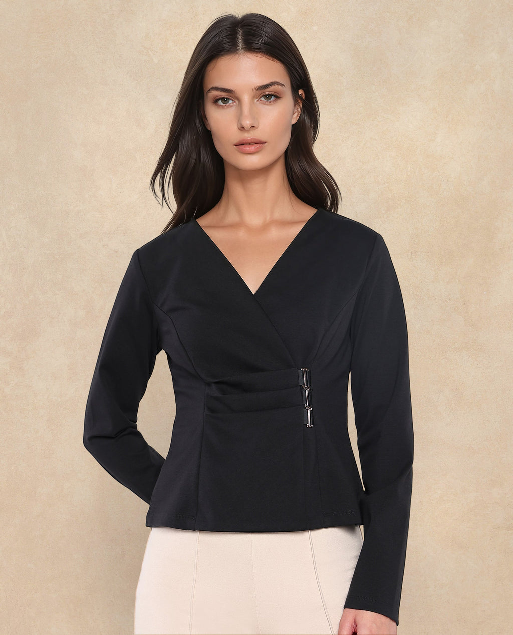 Rareism Women's Mellow Black Polyester Blend V-Neck Plain Regular Fit Top