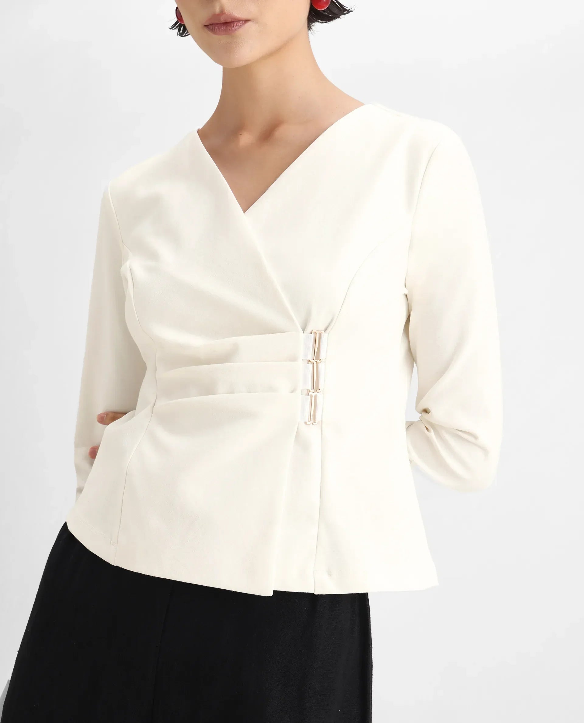 Rareism Women's Mellow White Polyester Blend V-Neck Plain Regular Fit Top