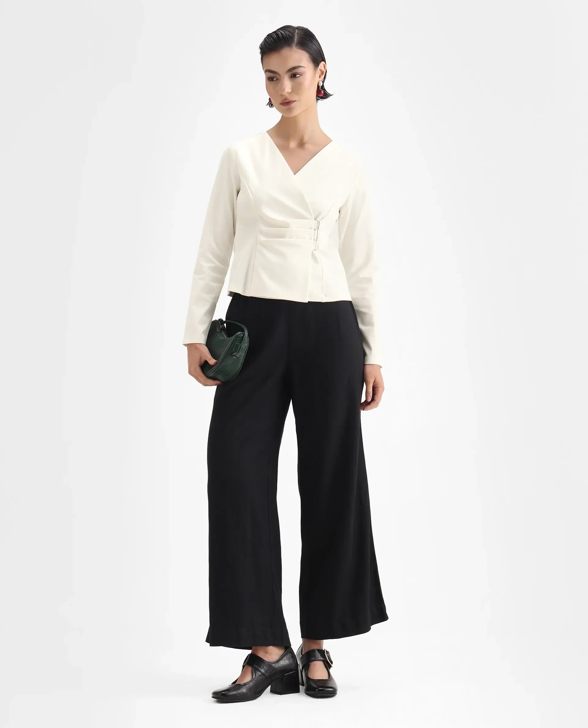 Rareism Women's Mellow White Polyester Blend V-Neck Plain Regular Fit Top
