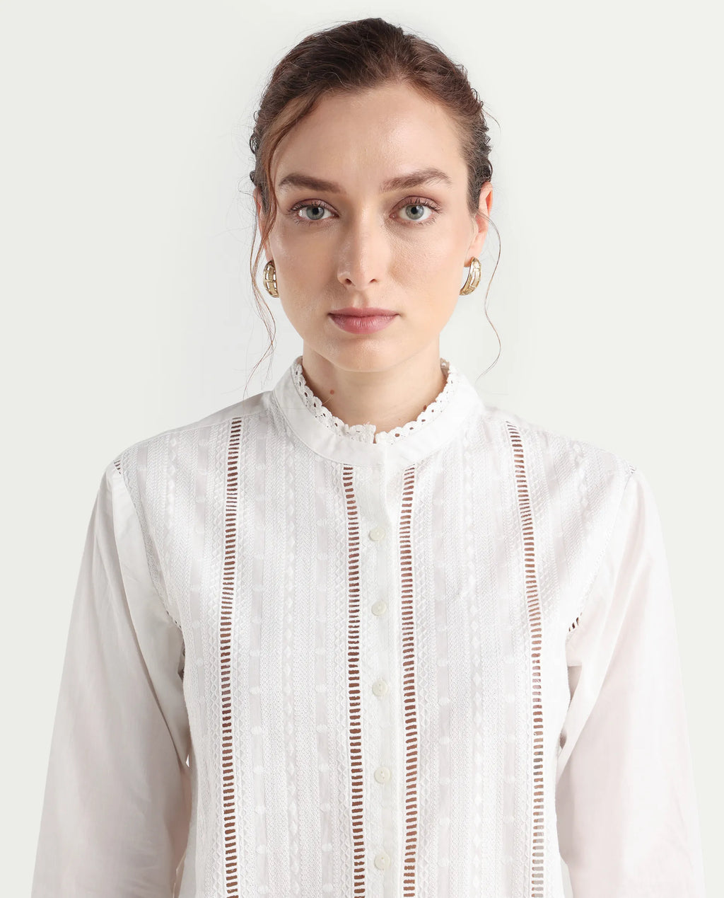 Rareism Women's Melloyo Off White Cotton Mandarin Collar Plain Cuffed Sleeve Regular Fit Top