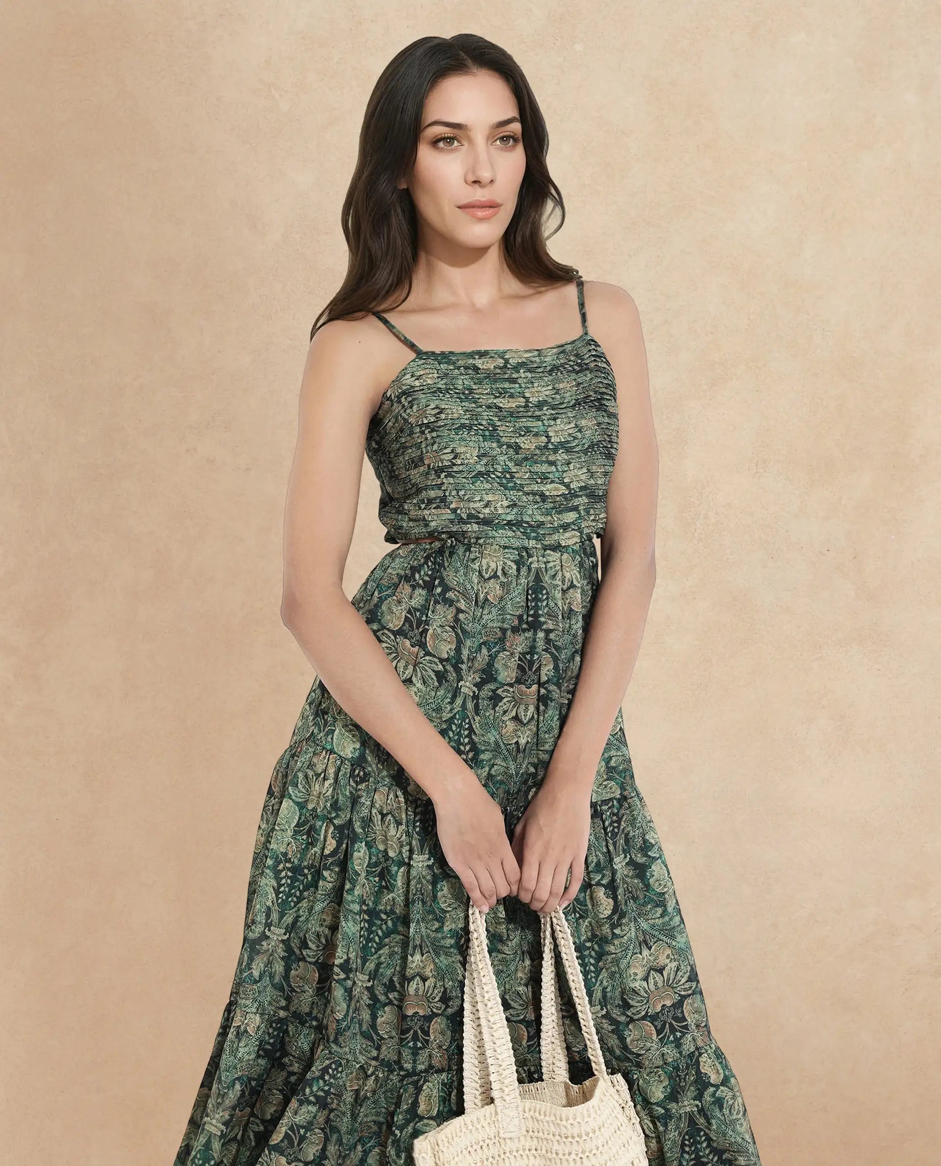 Rareism Women's Melvin Dark Green Polyester Shoulder Strap Floral Print Shoulder Strap Maxi Fit And Flare Dress