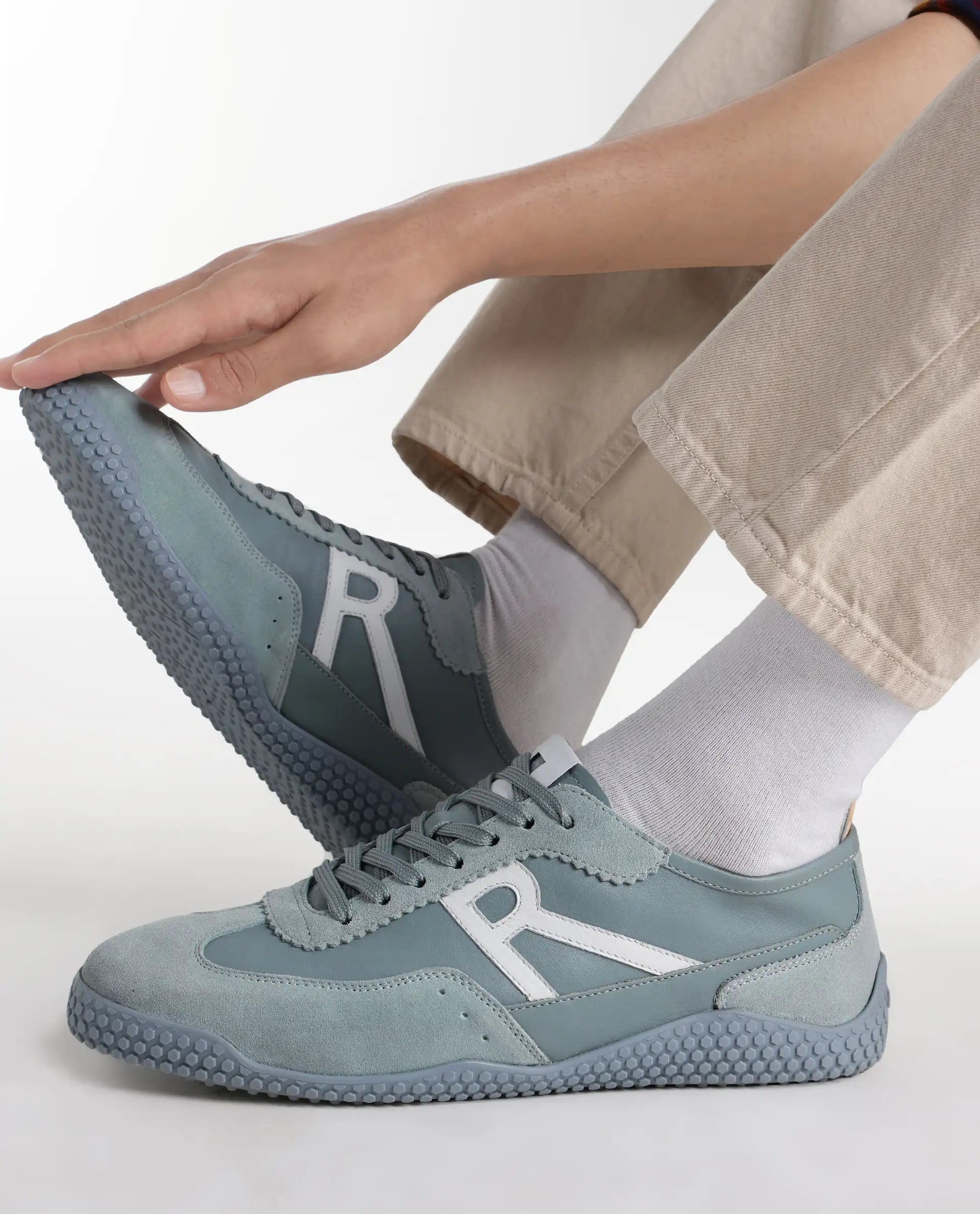Rare Rabbit Men's Membo Light Sage Leather Fabric Sneaker
