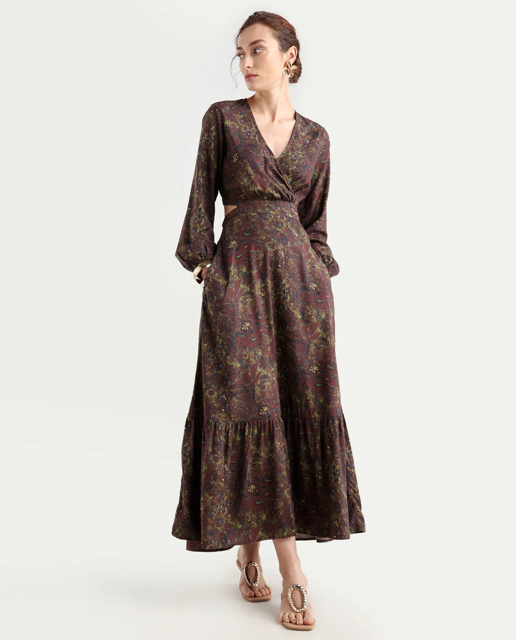 Rareism Women's Meppo Multi Viscose Overlap Neck Floral Print Bishop Sleeve Maxi Fit And Flare Dress