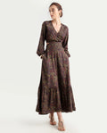 Rareism Women's Meppo Multi Viscose Overlap Neck Floral Print Bishop Sleeve Maxi Fit And Flare Dress