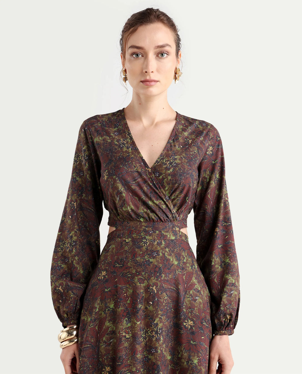 Rareism Women's Meppo Multi Viscose Overlap Neck Floral Print Bishop Sleeve Maxi Fit And Flare Dress