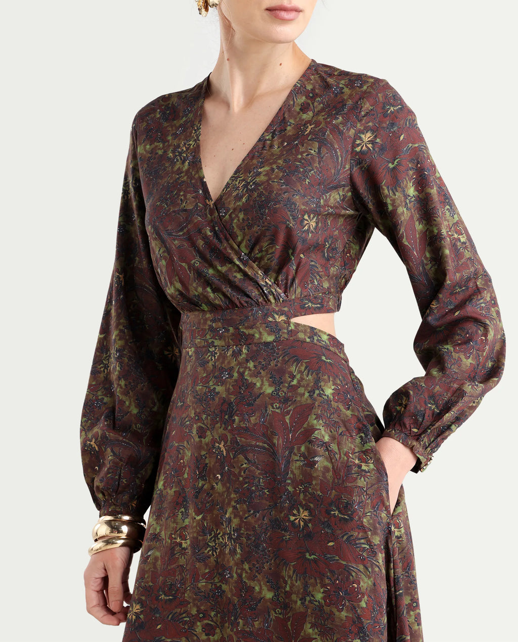 Rareism Women's Meppo Multi Viscose Overlap Neck Floral Print Bishop Sleeve Maxi Fit And Flare Dress