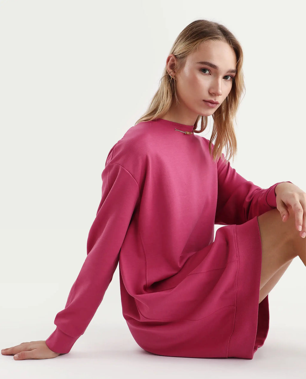 Rareism Women's Merchant Dark Pink Cotton Blend Crew Neck Plain Mini Relaxed Fit Dress