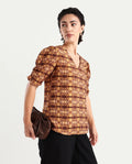 Rareism Women's Messo Light Brown Nylon Blend V-Neck Abstract Print Puff Sleeves Regular Fit Top