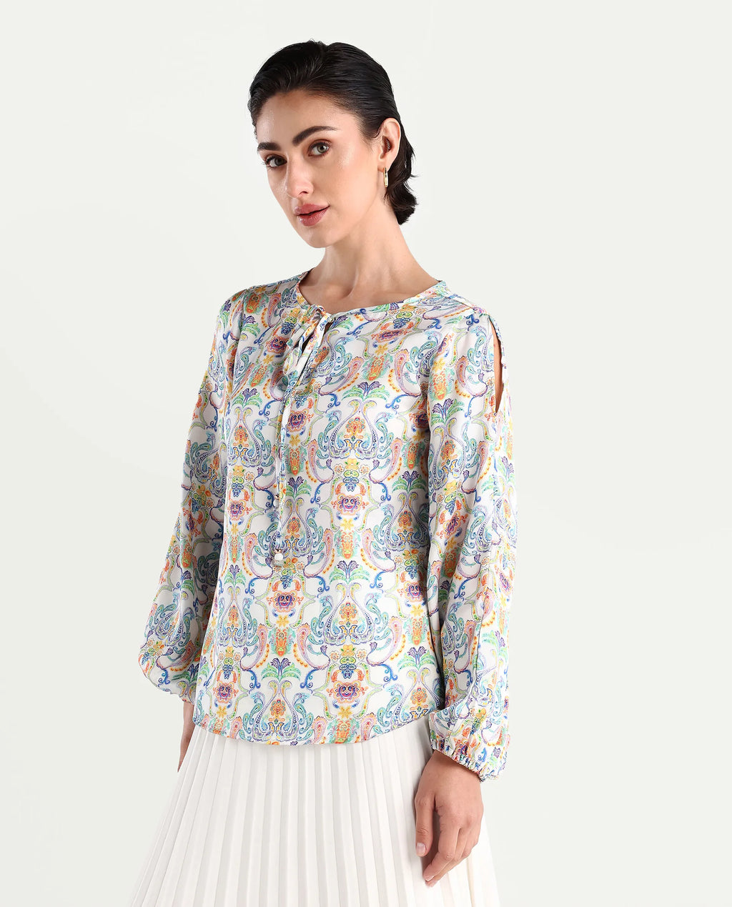 Rareism Women's Mester Multi Polyester Tie-Up Neck Paisley Print Bishop Sleeve Regular Fit Top