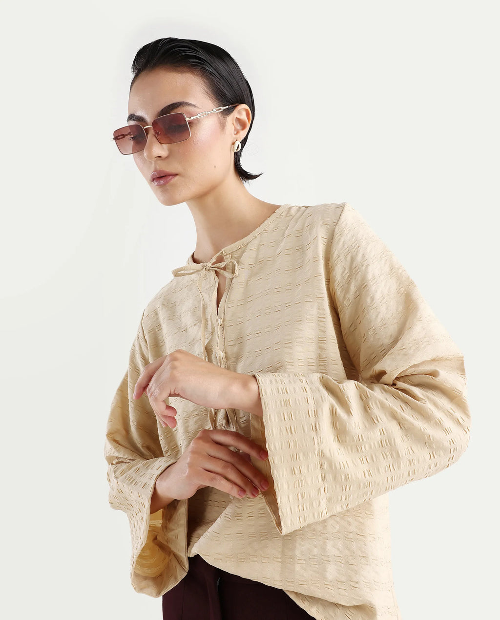 Rareism Women's Metio Light Beige Polyester Blend Tie-Up Neck Plain Relaxed Fit Top