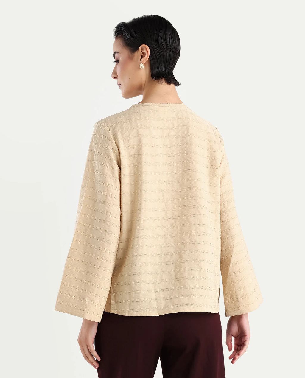 Rareism Women's Metio Light Beige Polyester Blend Tie-Up Neck Plain Relaxed Fit Top