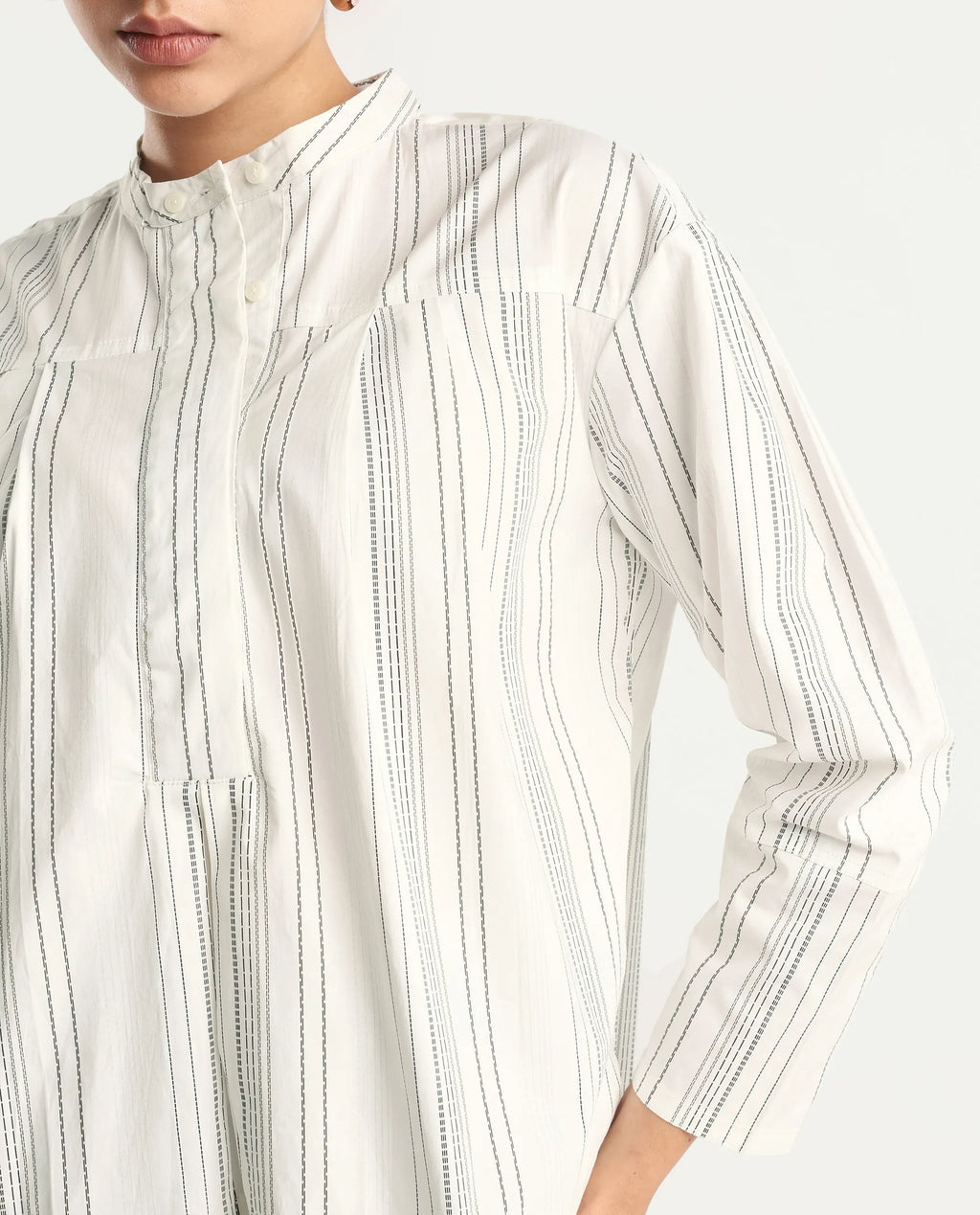 Rareism Women's Meton White Polyester Blend Mandarin Collar Striped Relaxed Fit Top