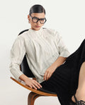 Rareism Women's Meton White Polyester Blend Mandarin Collar Striped Relaxed Fit Top